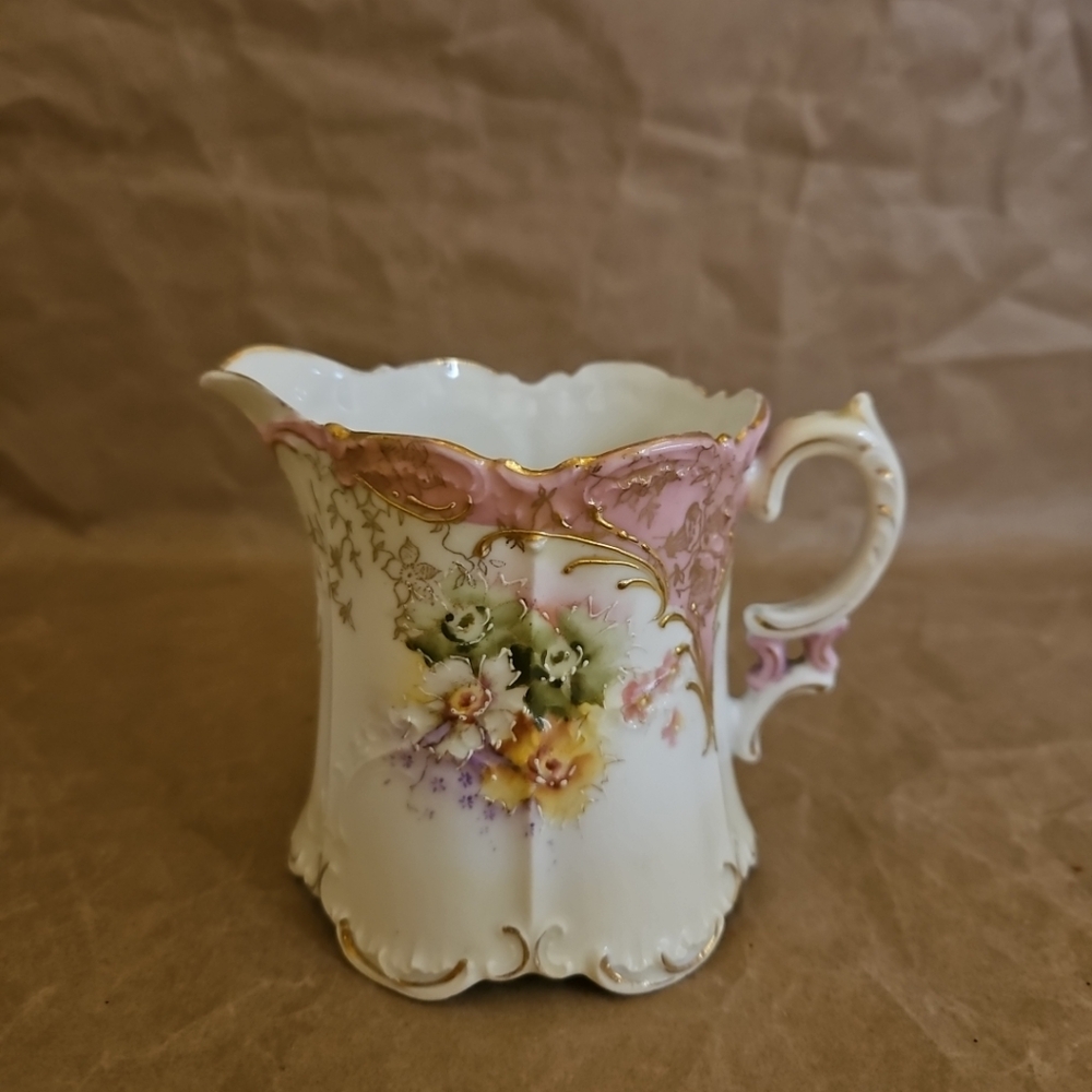 RS Prussia Porcelain Pink Floral Creamer With Gold Accents Vintage